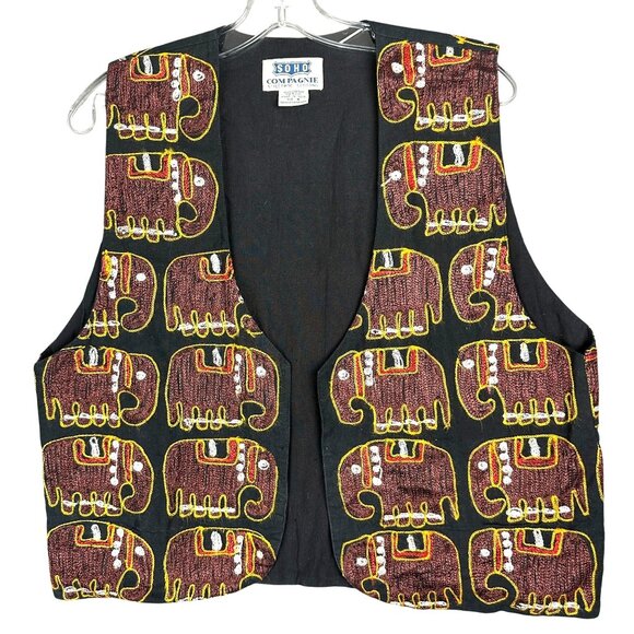 Vintage Soho Compagnie Open Vest Streetwise Elephant Embroidered Cotton Lined - Picture 1 of 7